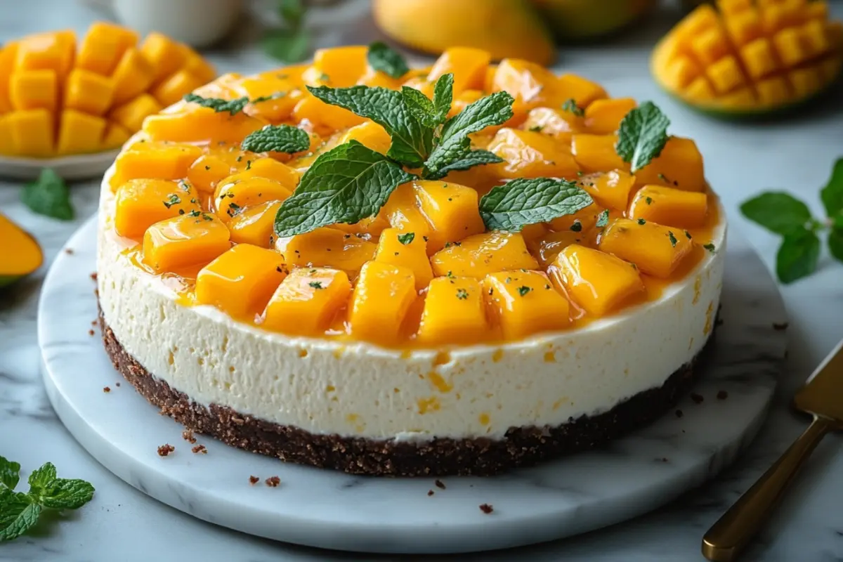 No-bake mango cheesecake with glossy mango jelly and fresh mango slices