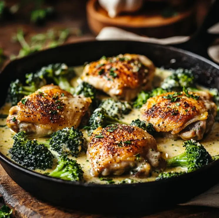Close-up of a one-pan keto chicken and broccoli skillet in a creamy garlic parmesan sauce, perfect for a quick and healthy keto dinner.