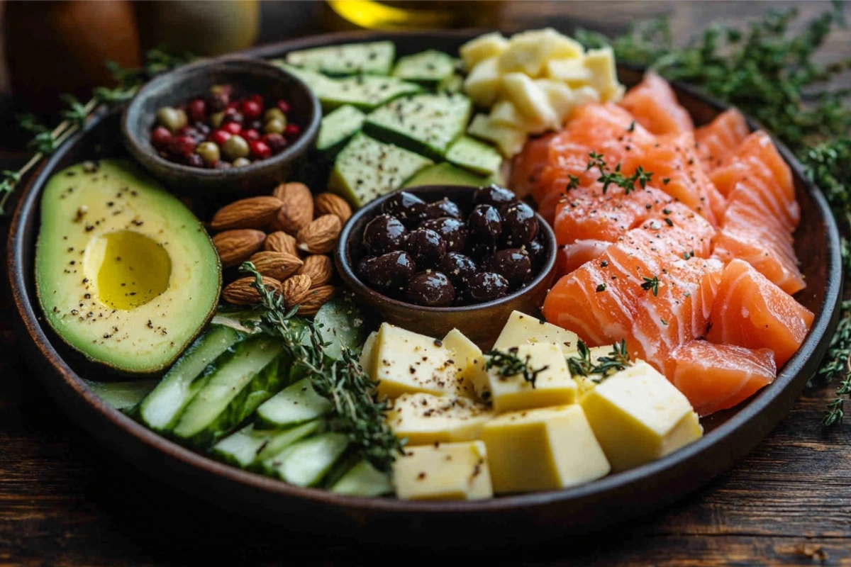 Plate of colorful keto-friendly foods including leafy greens, avocado, salmon, cheese, and nuts.