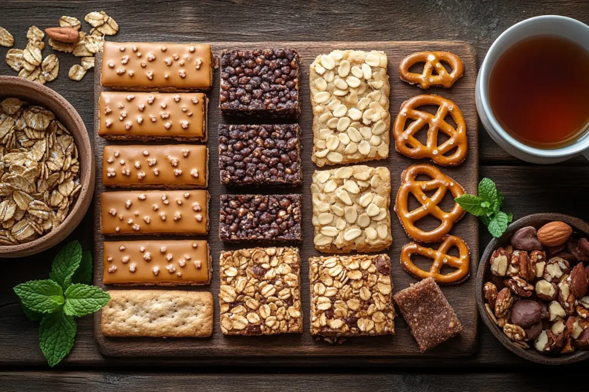 Assortment of gluten-free treats including cookies, pretzels, and granola bars.