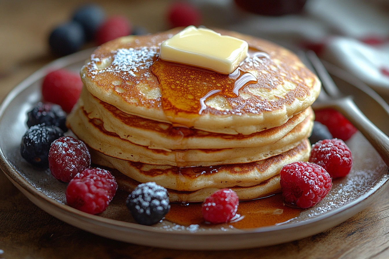 Fluffy pancakes without milk topped with butter and maple syrup, surrounded by fresh berries on a rustic kitchen table.