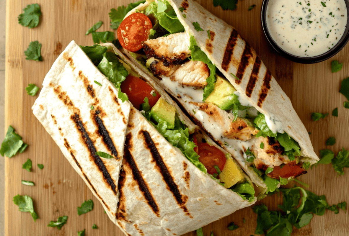Overhead view of a grilled chicken wrap with juicy chicken, fresh vegetables, and melted cheese, served with ranch dressing on a wooden board.
