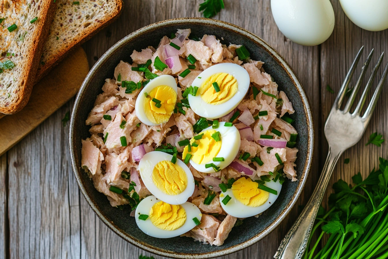 Fresh tuna and egg salad served with whole-grain toast, garnished with chives and creamy dressing.