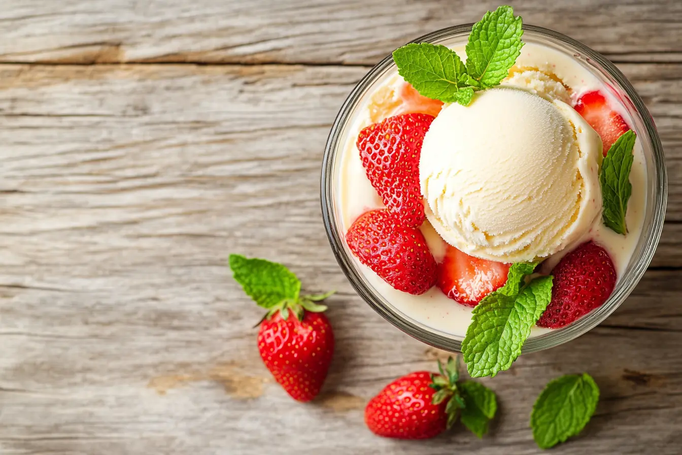 Gluten-free vanilla ice cream with fresh strawberries and mint leaves, a classic summer dessert.