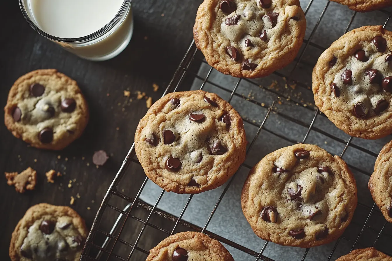 Freshly baked small batch chocolate chip cookies cooling on a rack with melted chocolate chips, next to a glass of milk.