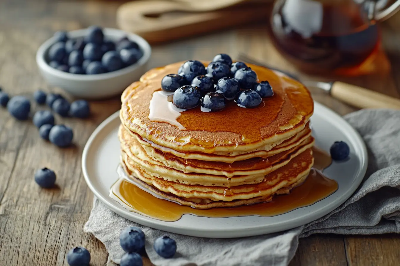 Stack of fluffy water-based pancakes topped with blueberries and maple syrup, served on a white plate