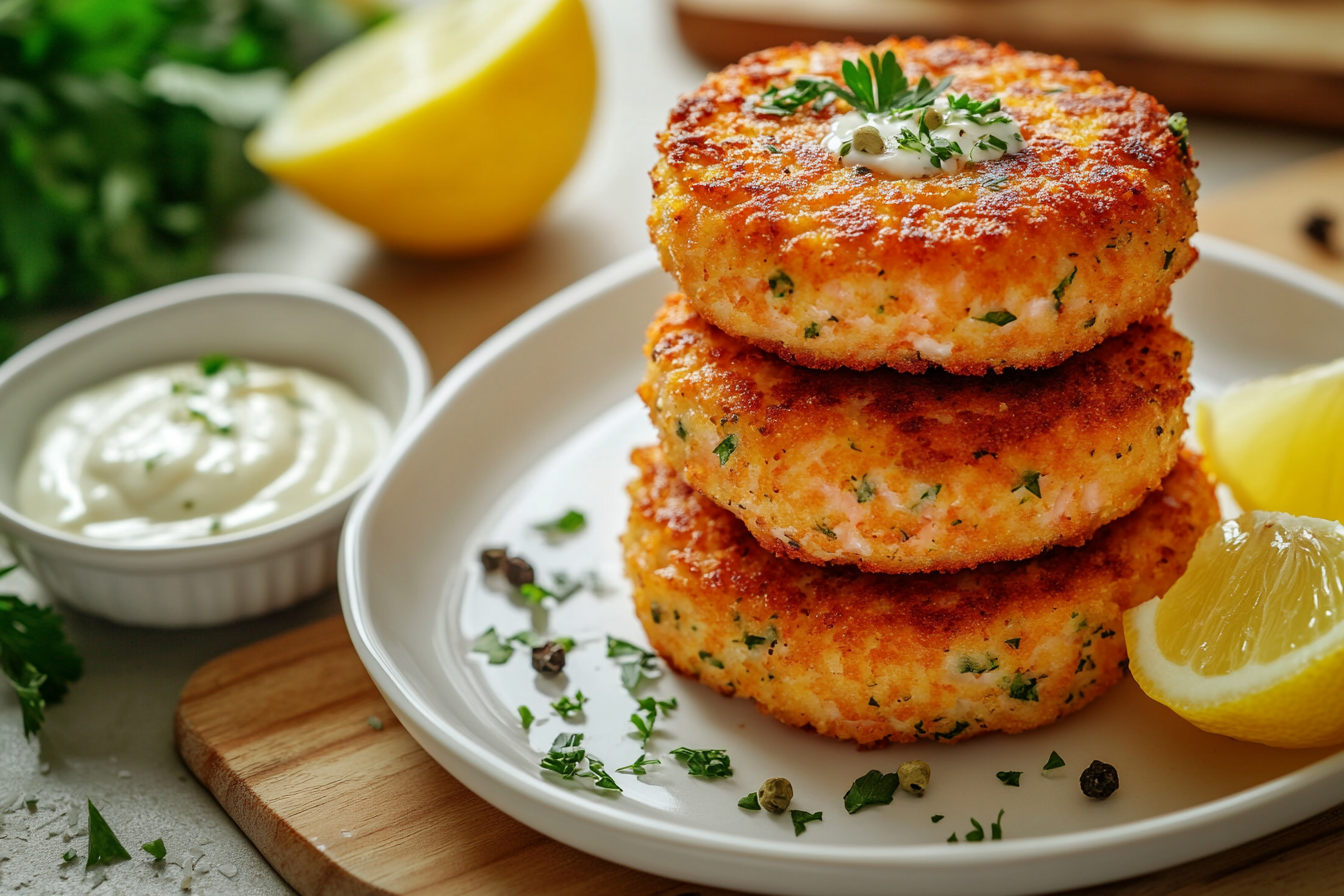 Golden-brown, crispy salmon cakes served on a white plate with lemon aioli dipping sauce and fresh herbs