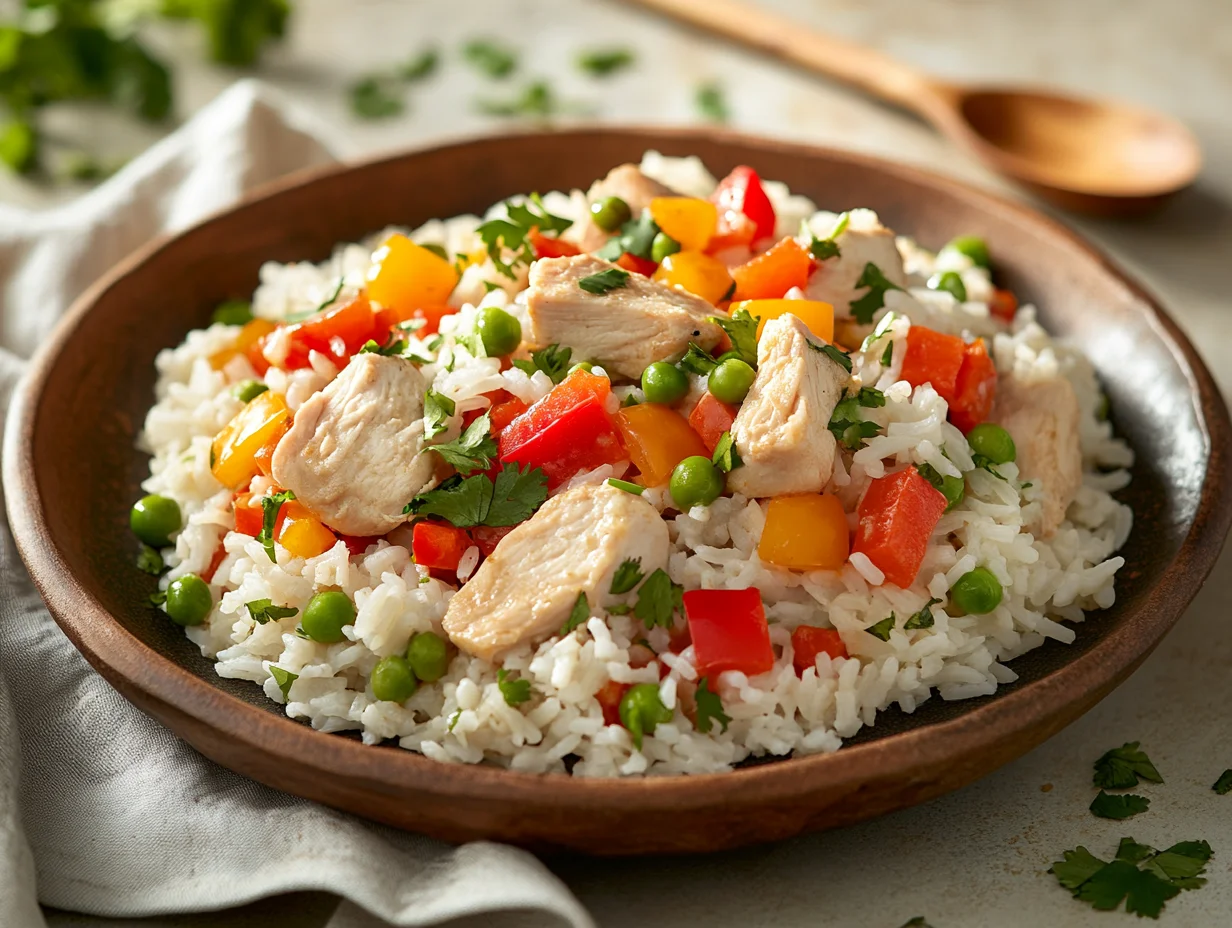 Close-up of arroz con pollo with tender chicken, fluffy rice, and colorful veggies, served on a rustic plate.