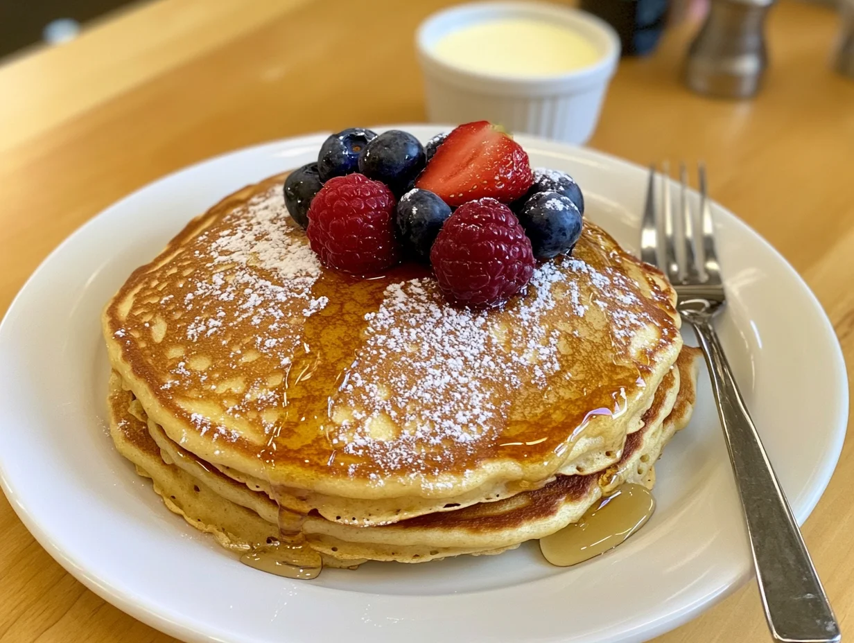 Fluffy stack of water-based pancakes topped with fresh berries, syrup, and powdered sugar.