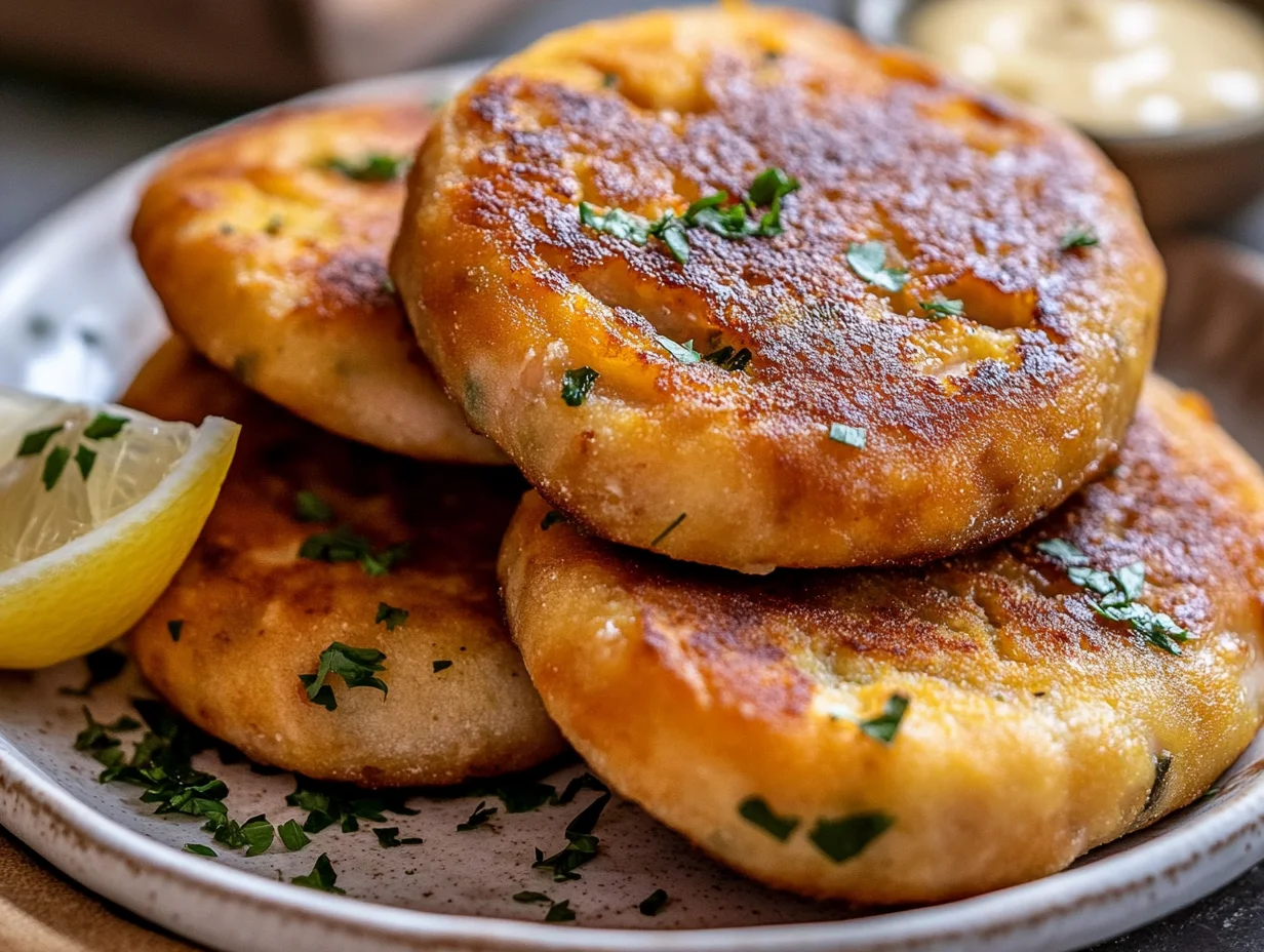 Moist and juicy salmon patties with golden, crispy crust served with lemon and dipping sauce.