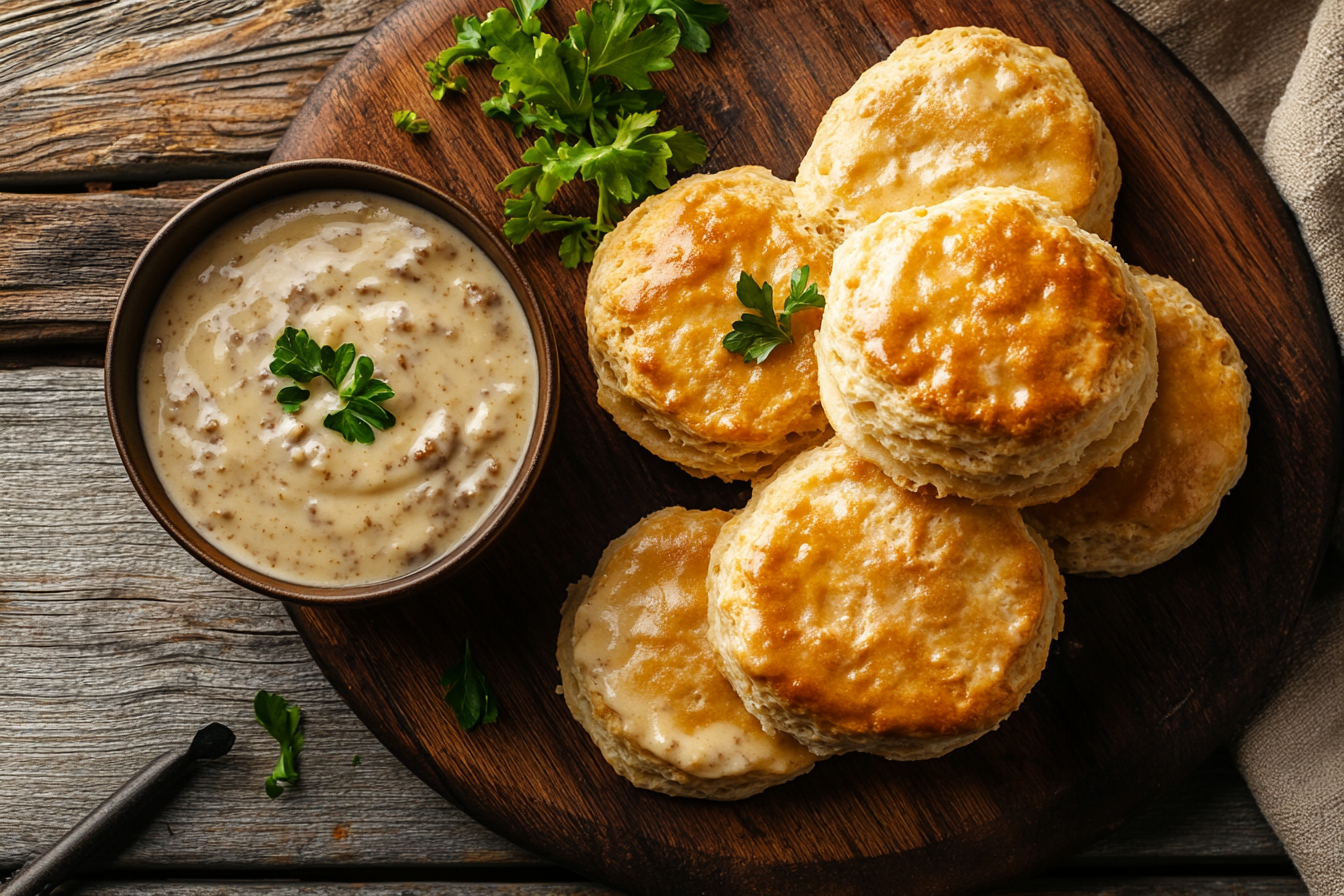 Close-up of freshly baked Southern-style biscuits with golden layers served with creamy sausage gravy