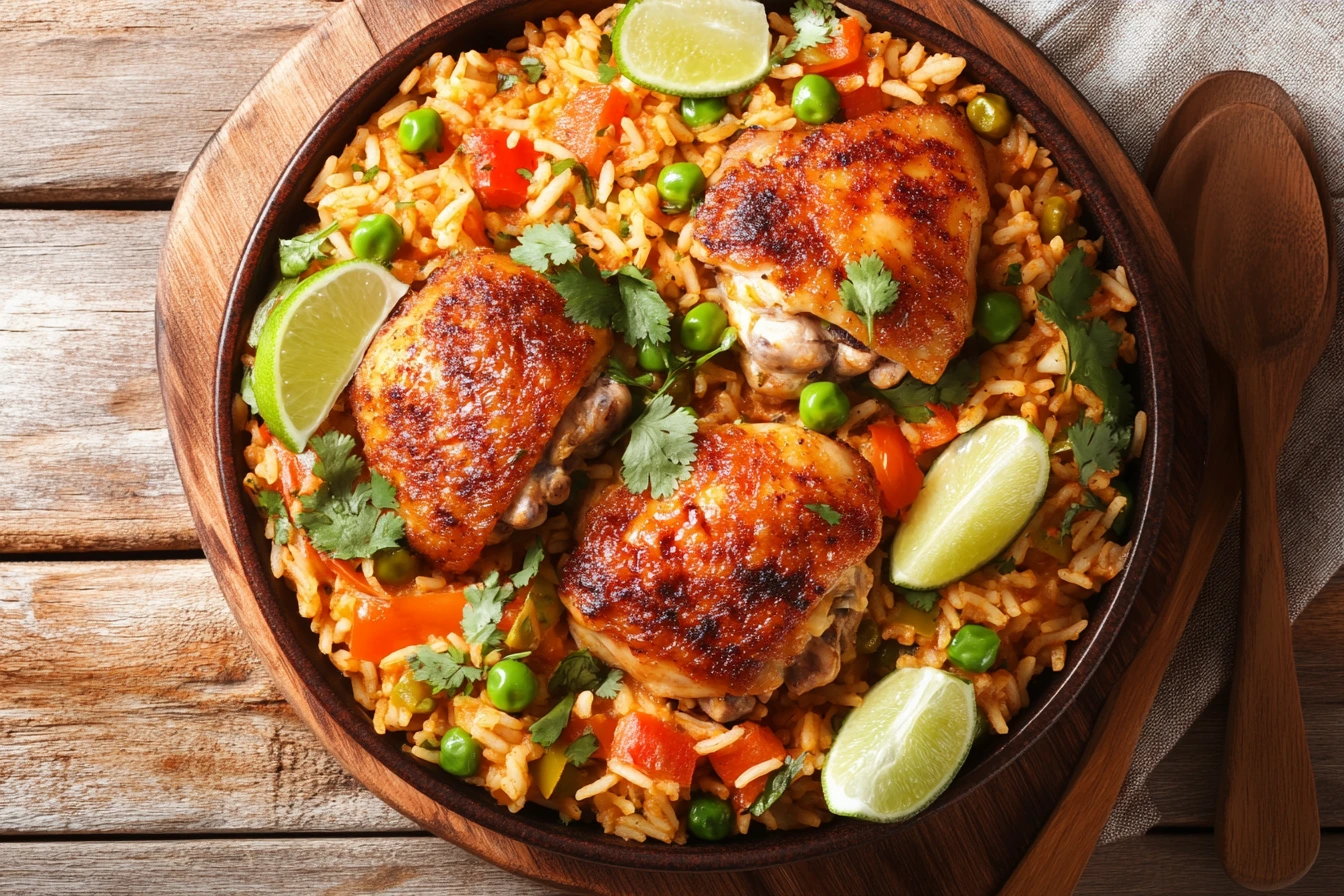 Overhead view of Arroz con Pollo, featuring golden-brown chicken thighs on a bed of seasoned rice with herbs, bell peppers, peas, cilantro, and lime wedges.