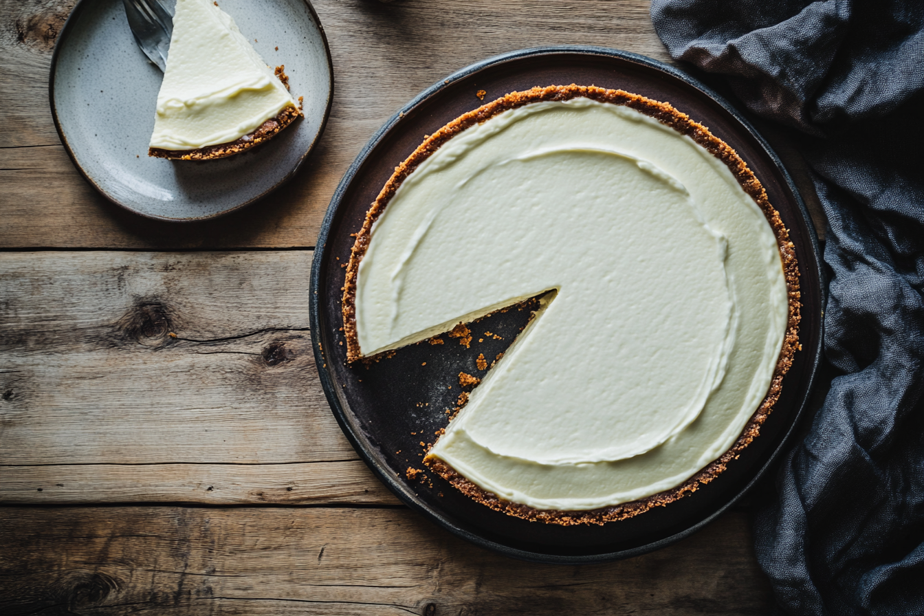 Close-up shot of a classic cheesecake divided between sour cream and yogurt toppings, highlighting creamy textures on a rustic wooden table.