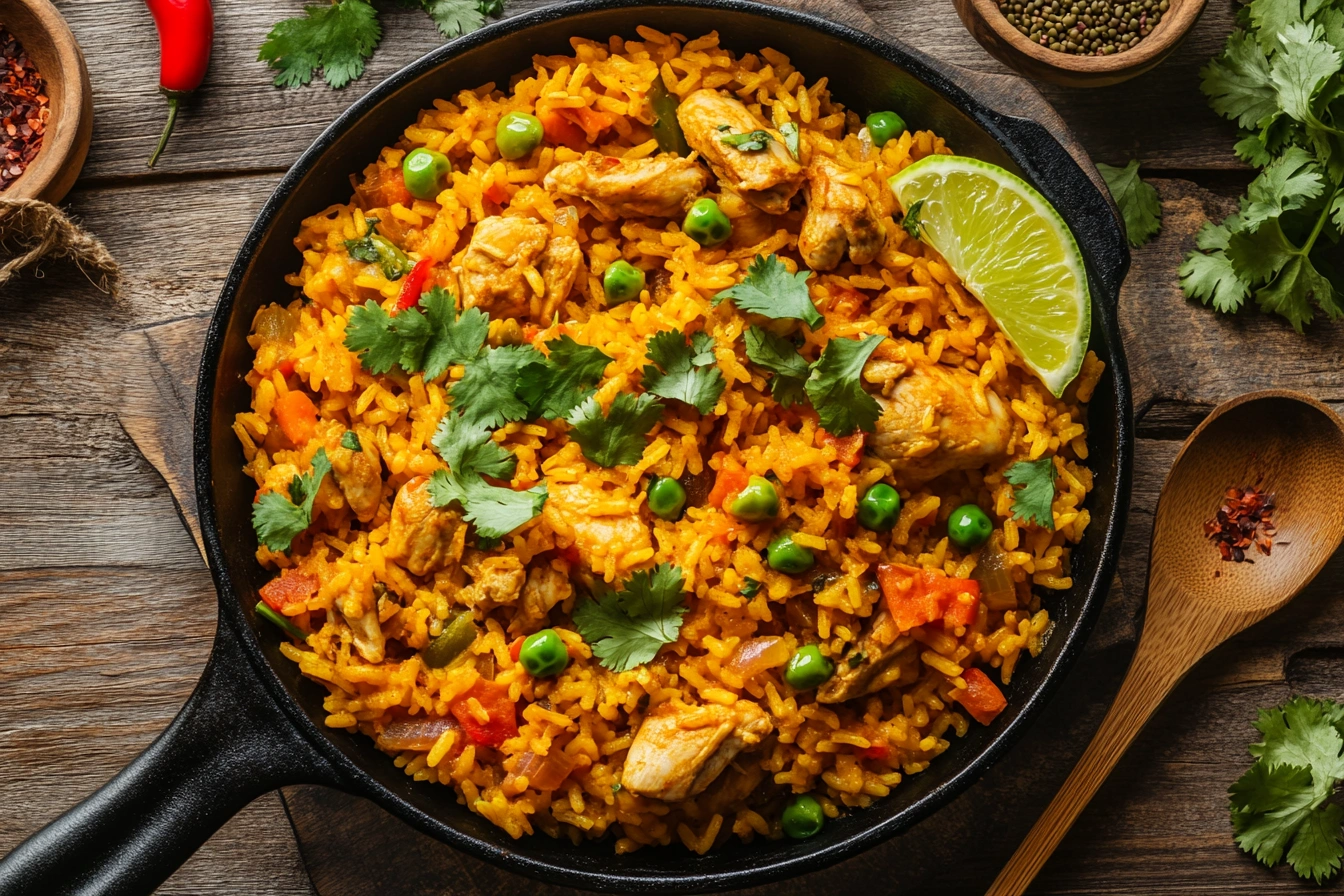 Close-up of Arroz con Pollo in a cast-iron skillet, garnished with cilantro and lime wedges, surrounded by saffron and fresh peppers.