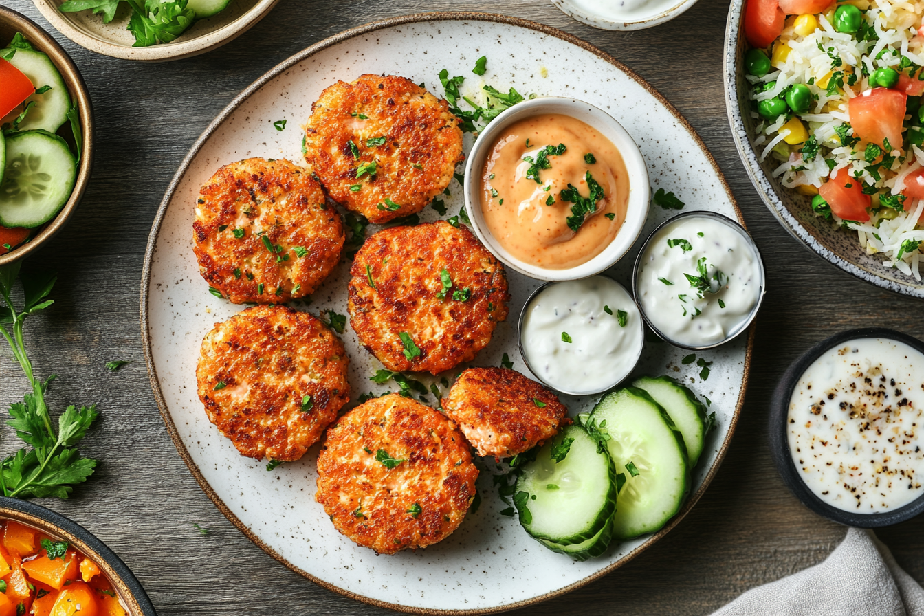 "Close-up of golden-brown salmon patties with lemon slices and various dipping sauces, accompanied by cucumber salad and lemon rice on a rustic kitchen counter."