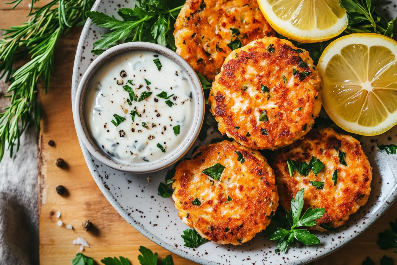 Golden-brown crispy salmon patties garnished with fresh herbs and lemon slices, accompanied by a bowl of tartar sauce on a rustic wooden kitchen counter.