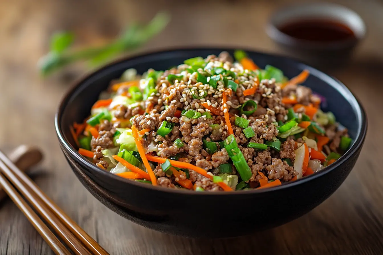 Close-up shot of a vibrant egg roll in a bowl, filled with ground meat, shredded cabbage, carrots, and green onions, garnished with sesame seeds, served in a stylish bowl.