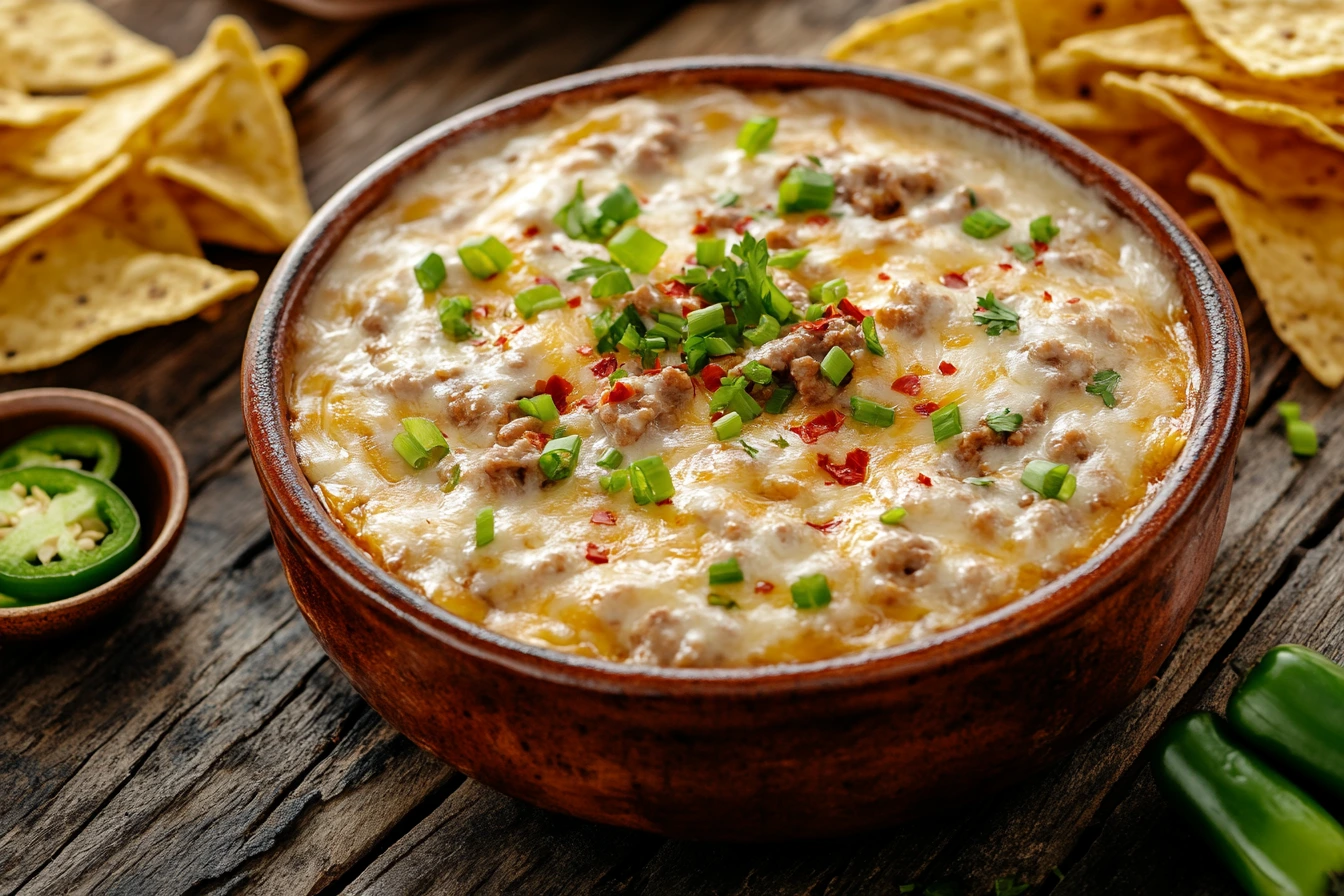 Close-up shot of a warm and inviting Rotel dip in a ceramic bowl, surrounded by crispy tortilla chips, showcasing its creamy texture with visible ground beef and tomatoes.