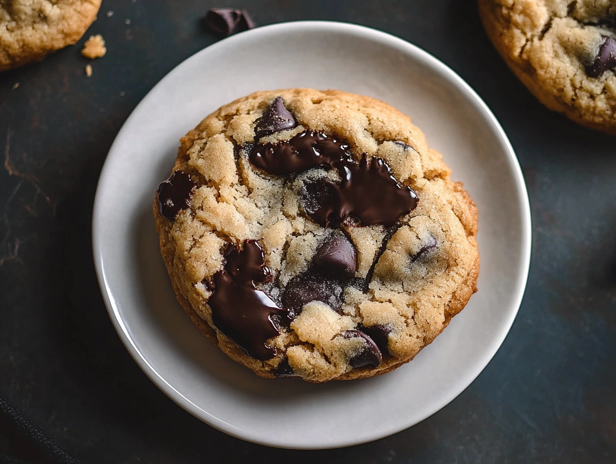 Freshly baked banana chocolate chip cookies with melted chocolate, served on a rustic plate, with ripe bananas and a glass of milk.