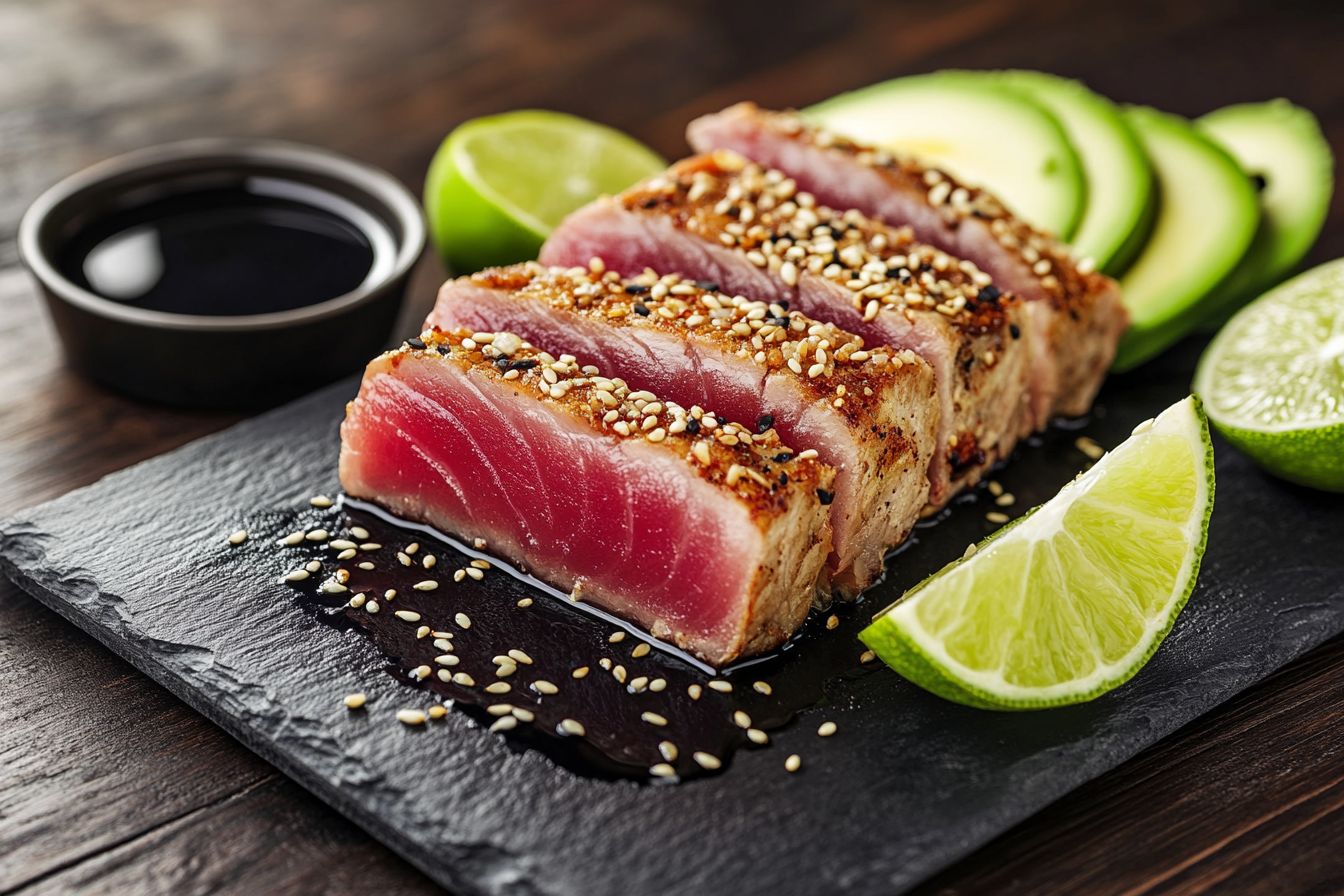 Close-up of a perfectly seared ahi tuna steak with a crispy crust and pink center, garnished with sesame seeds and avocado slices on a slate board.