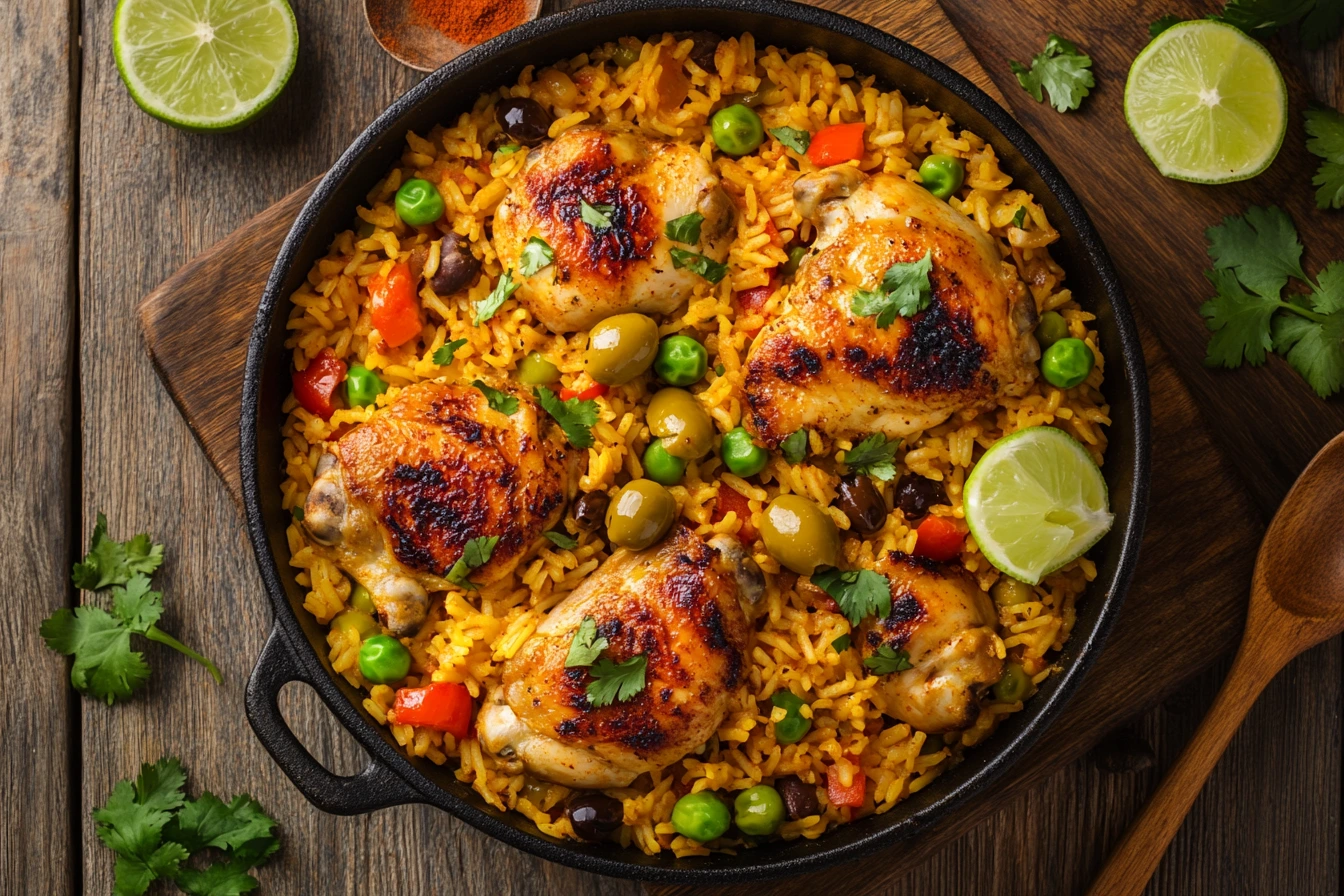 Overhead view of a traditional Puerto Rican Arroz con Pollo with golden saffron rice, browned chicken, garnished with cilantro and lime wedges.