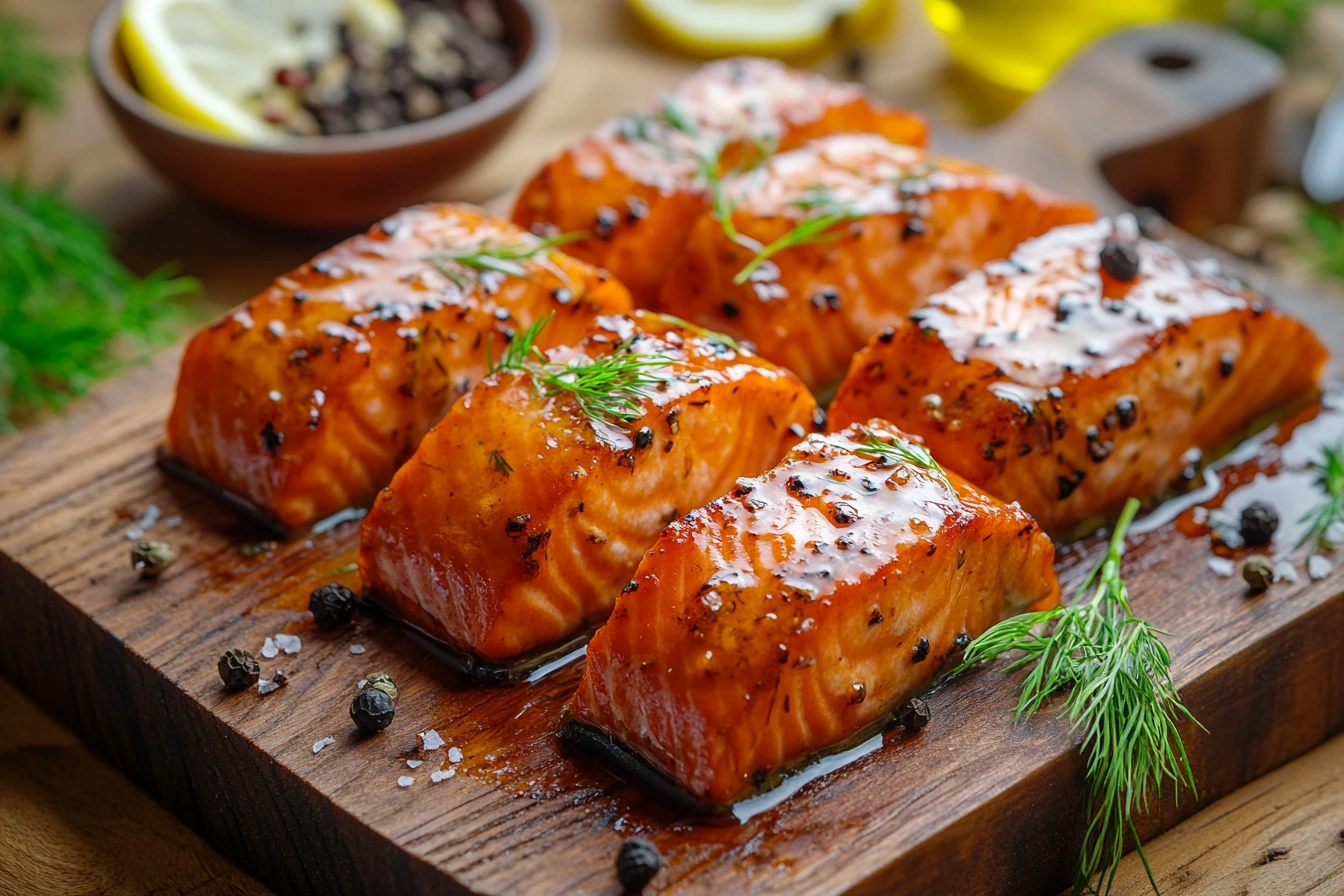 Close-up shot of hot-smoked salmon fillets with a caramelized finish, garnished with fresh dill and lemon slices on a rustic wooden board.