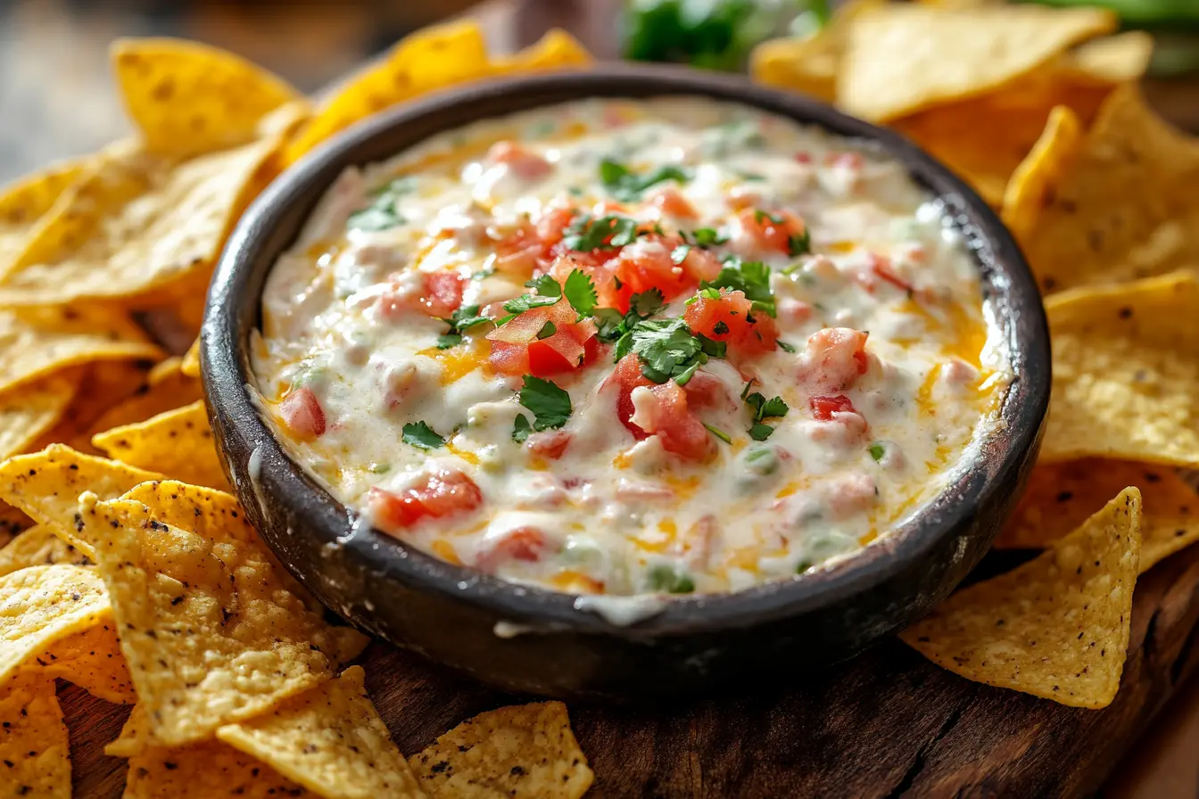 Rotel dip without Velveeta cheese in a bowl, garnished with cilantro, surrounded by tortilla chips on a rustic wooden board.
