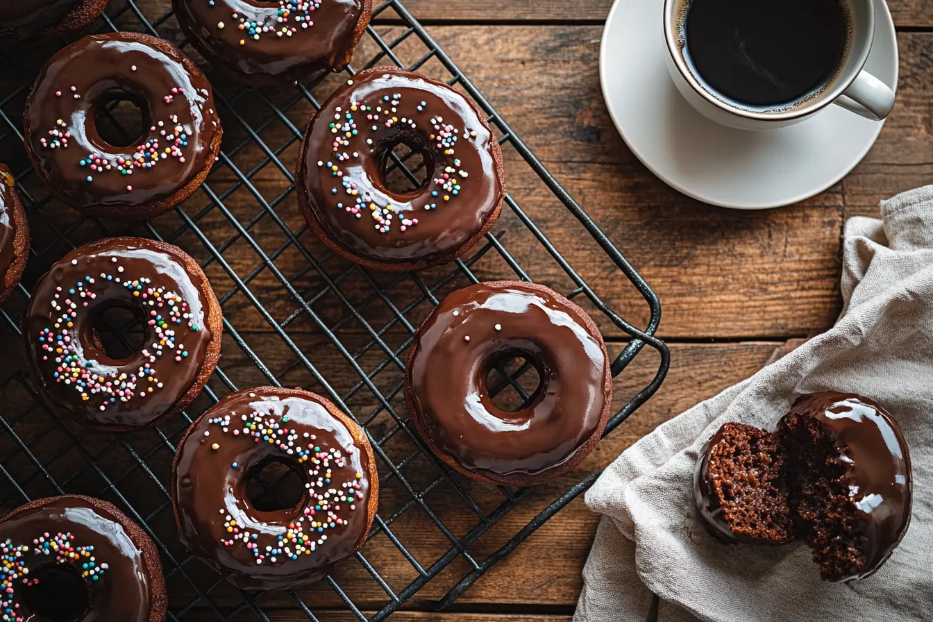 Close-up of fresh chocolate glazed donuts with shiny glaze on a cooling rack, next to a cup of coffee.