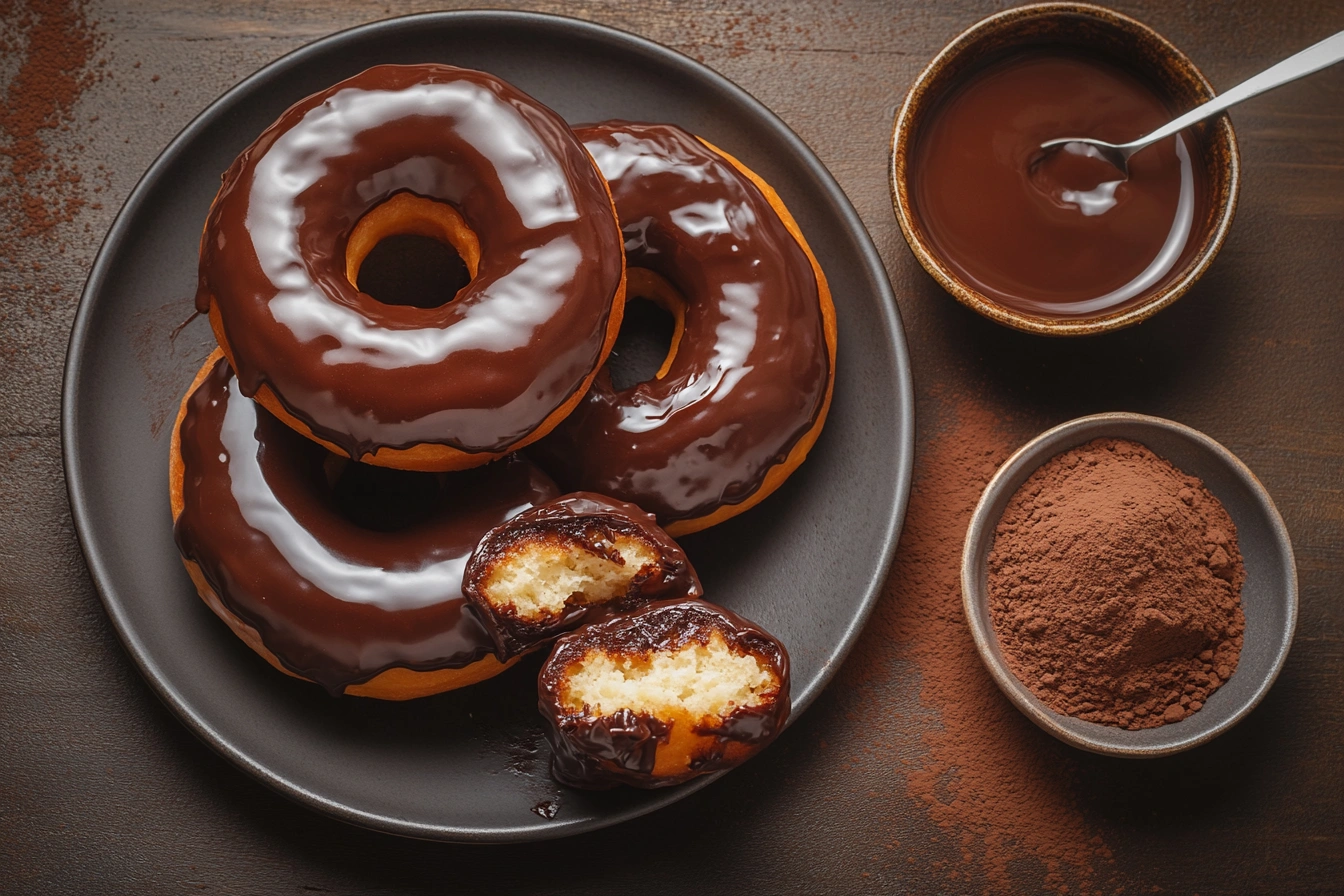 Close-up of chocolate-glazed donuts with glossy chocolate glaze and cocoa powder.