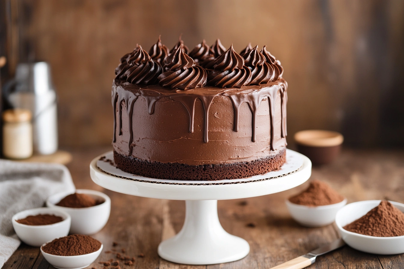 Close-up of a chocolate cake with rich frosting swirls and glossy glaze dripping down the sides.