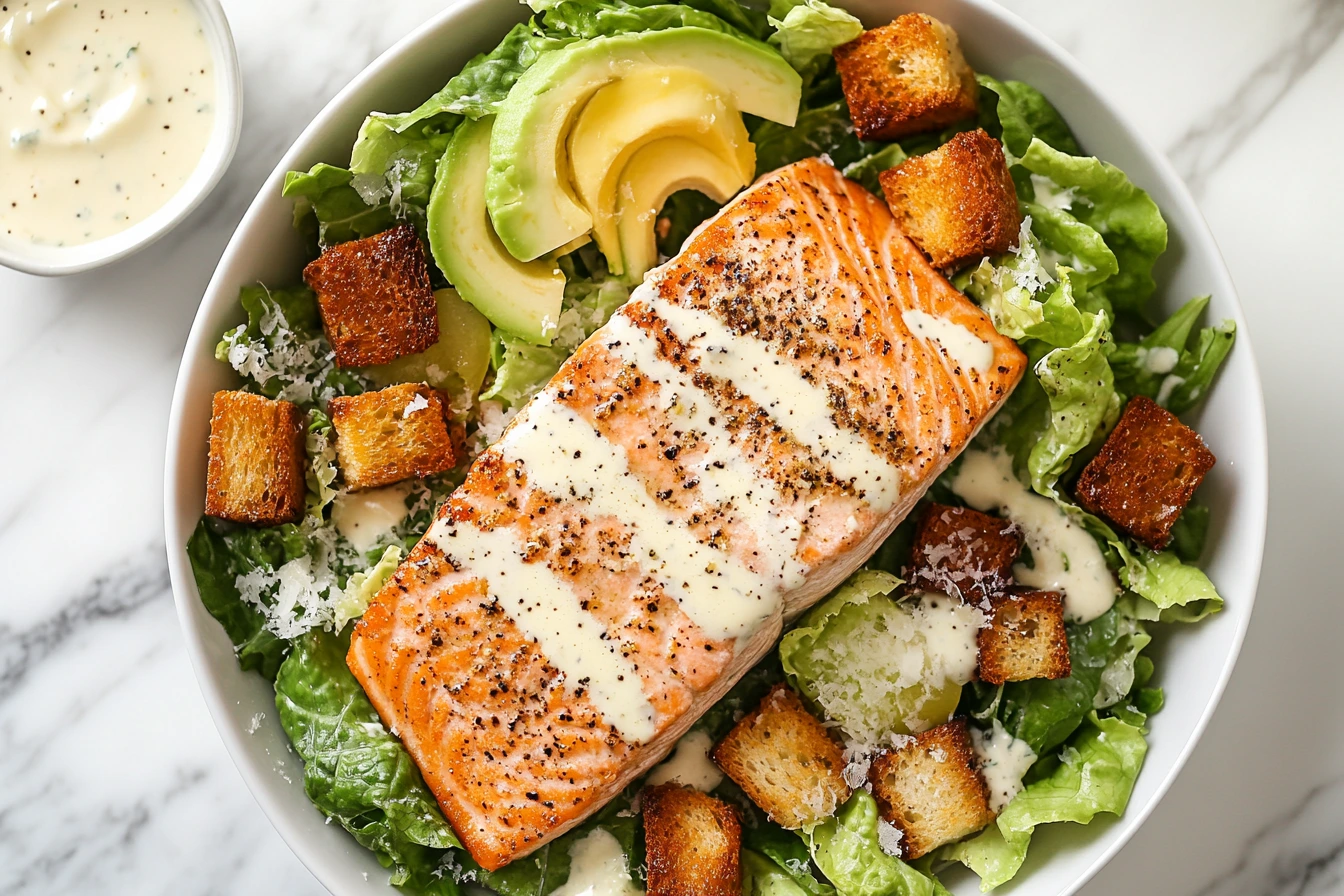 Close-up overhead view of Salmon Caesar Salad with romaine lettuce, Caesar dressing, Parmesan cheese, and avocado slices on a marble kitchen counter