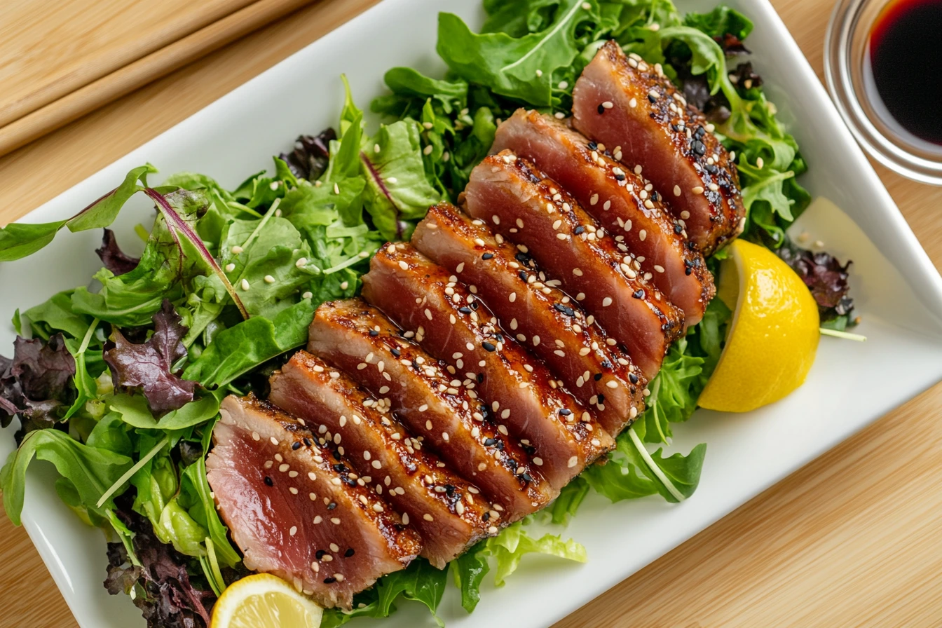 Seared ahi tuna steak slices garnished with sesame seeds, served with mixed greens and soy-ginger sauce on a white plate.