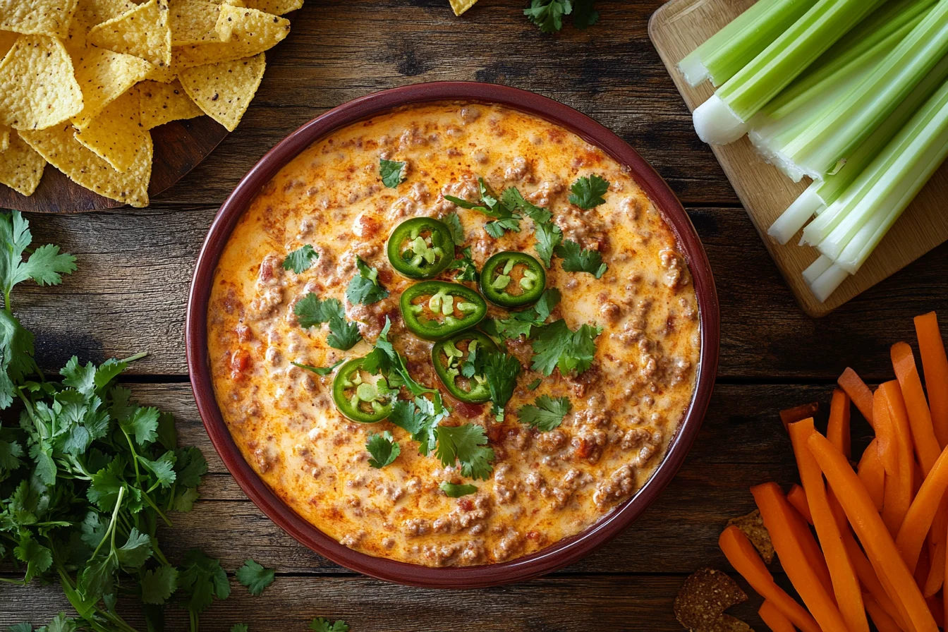 Close-up of creamy Rotel dip with melted Velveeta cheese, Rotel tomatoes, and ground beef, garnished with cilantro and jalapeños, served with tortilla chips and veggies.