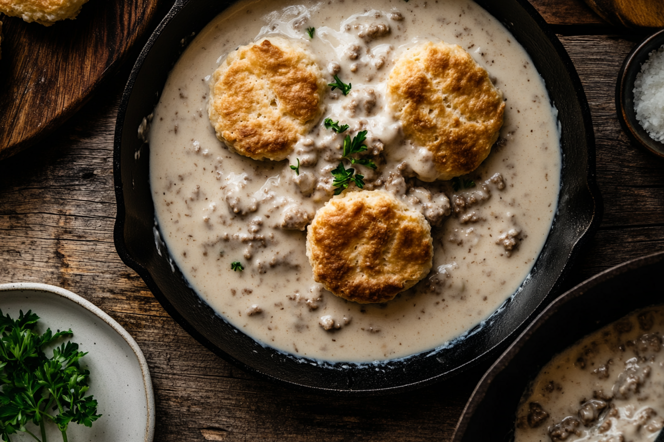 Southern biscuits and sausage gravy served on a rustic plate, topped with creamy sausage gravy, photographed with a cast iron skillet and garnish.