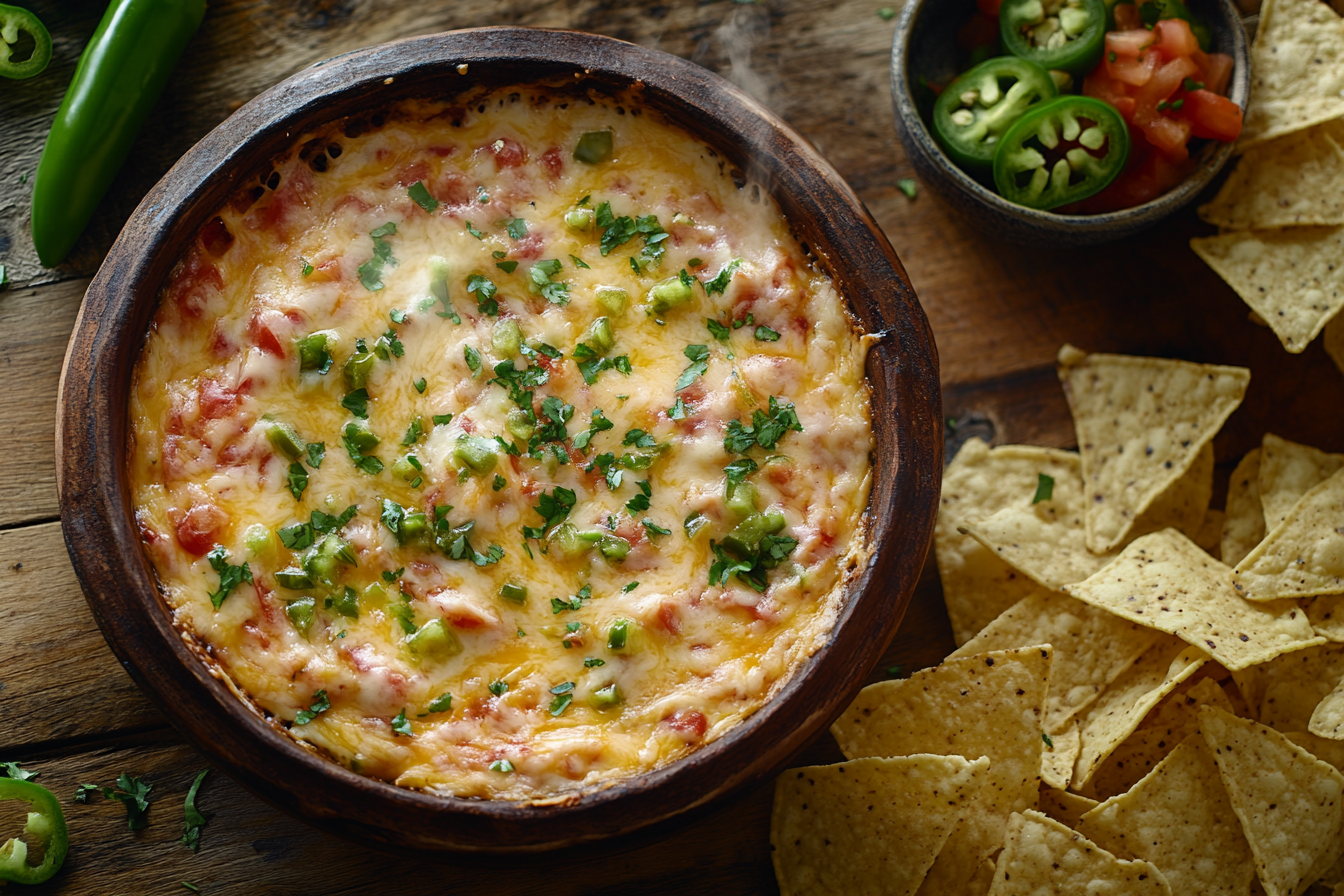 A warm, creamy Rotel dip in a rustic bowl, topped with green chilies and surrounded by tortilla chips, with steam rising to indicate freshness.