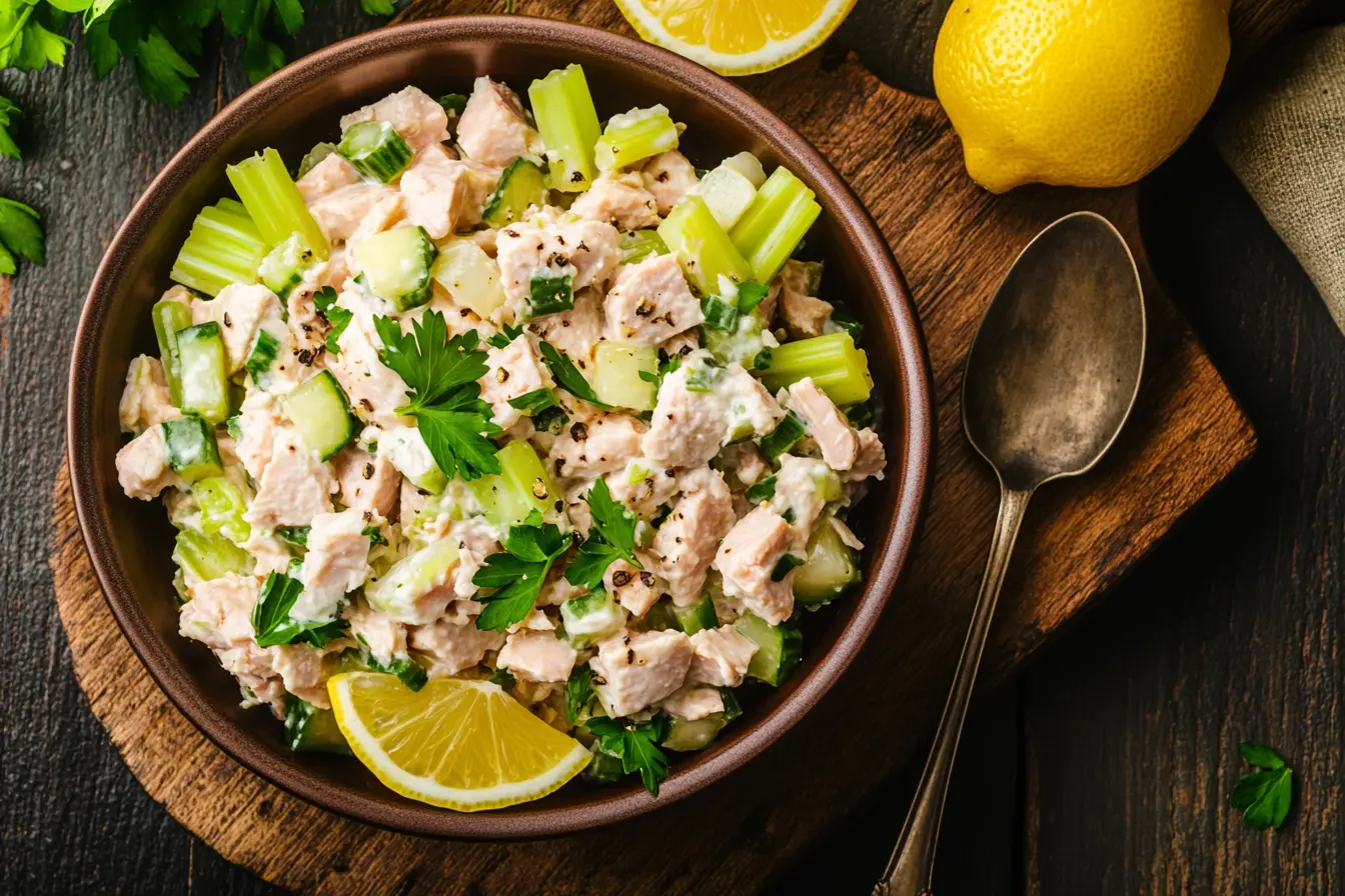 Close-up view of a fresh and creamy tuna salad with chunks of tuna, crisp vegetables, and a sprinkle of parsley, placed in a bowl on a rustic wooden cutting board.