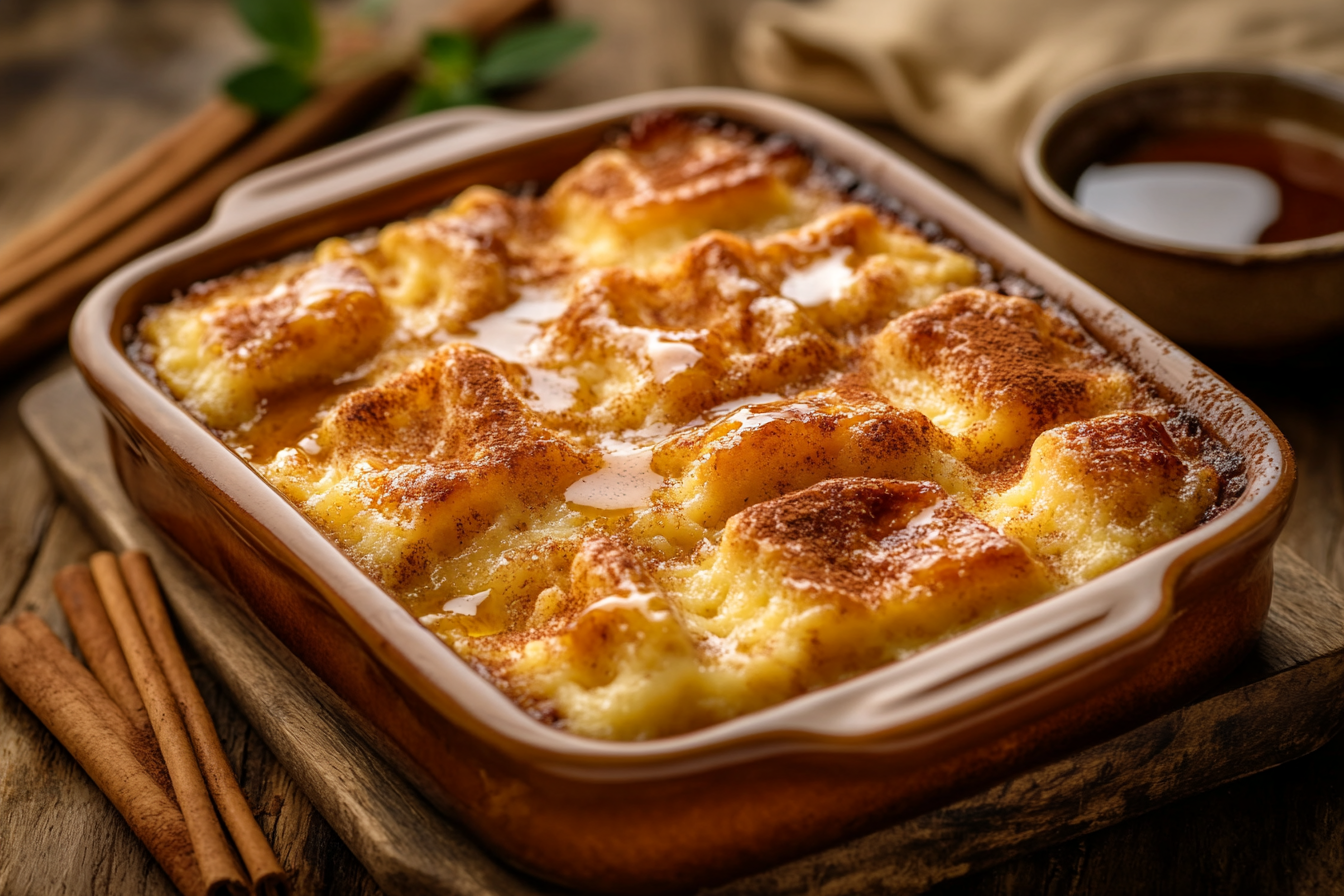Close-up of a freshly baked New Orleans bread pudding drizzled with bourbon sauce, topped with cinnamon, sitting on a rustic table