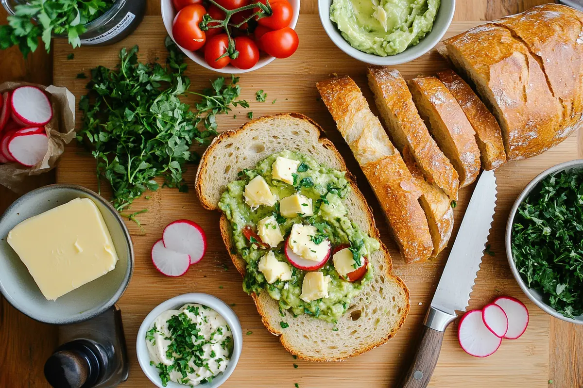 Artisanal sourdough bread served with butter, avocado, and fresh toppings on a wooden cutting board