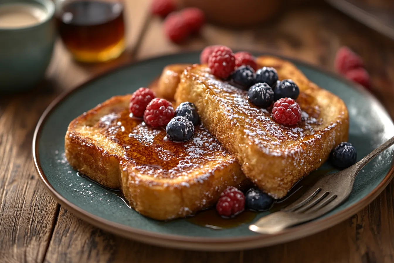Golden sourdough French toast with maple syrup and fresh berries on a rustic wooden table.