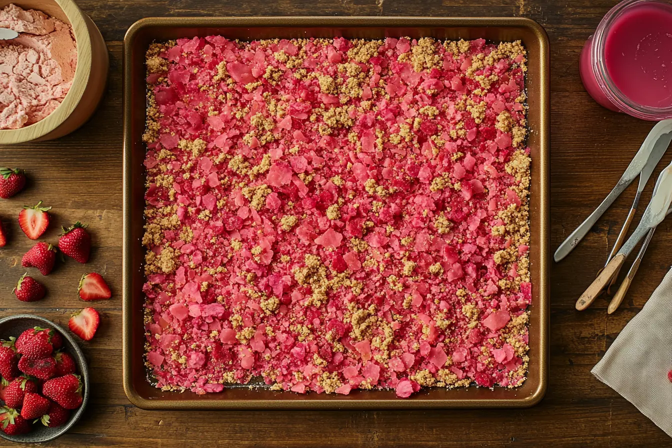 Close-up of freshly-made strawberry crunch topping with Golden Oreo crumbs and strawberry powder on a baking sheet, next to freeze-dried strawberries.