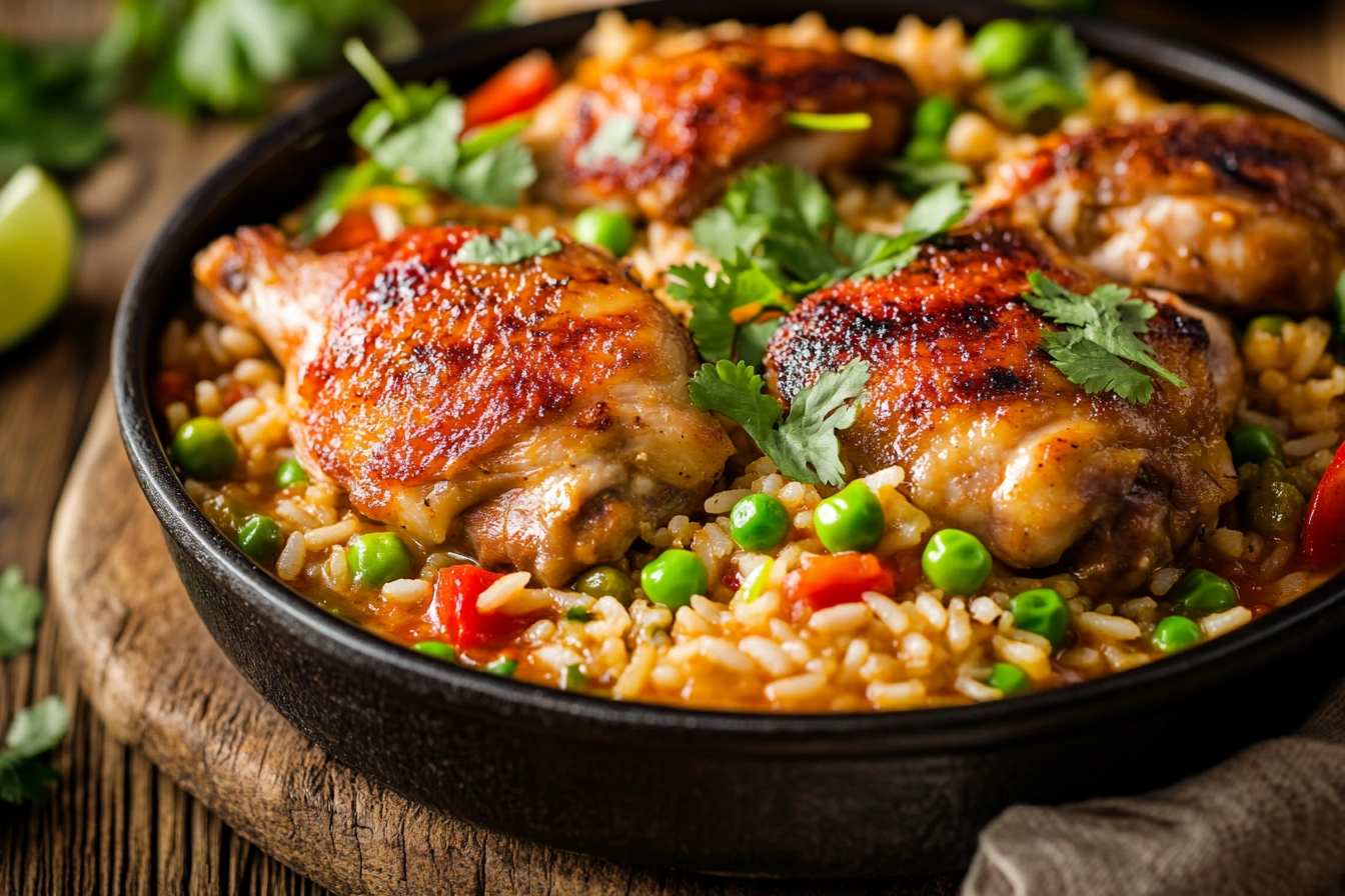 Close-up shot of a freshly cooked pot of arroz con pollo with golden-brown chicken, fluffy rice, and vibrant vegetables, served in a traditional caldero.