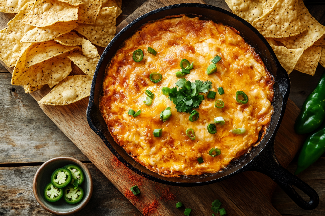 Close-up of a hot Velveeta and Rotel cheese dip in a cast-iron skillet with tortilla chips and garnishes on a rustic wooden board.