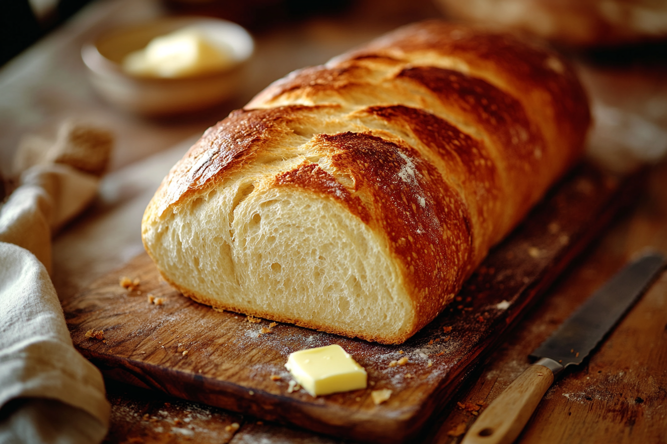 Close-up shot of freshly baked New Orleans French bread with a crispy crust, placed on a rustic cutting board.