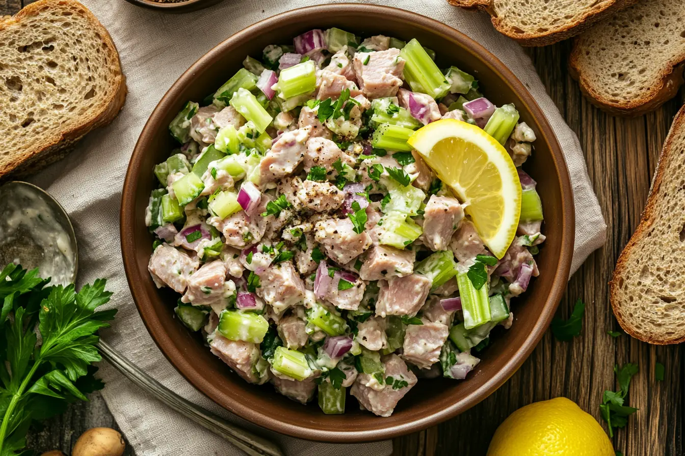Freshly prepared tuna salad in a bowl, garnished with lemon and parsley, surrounded by slices of whole-grain bread and a small dish of mayonnaise.