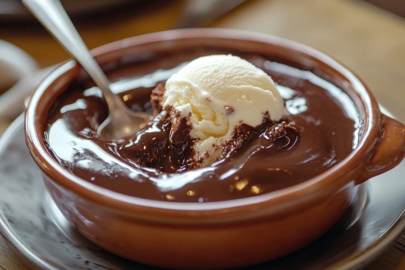 Gooey chocolate pudding cake served with vanilla ice cream in a rustic dish.
