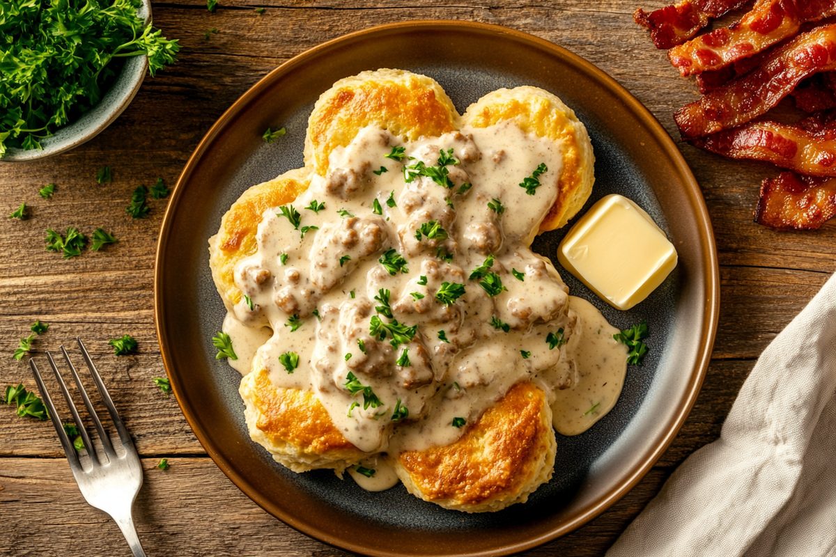 Golden flaky biscuits topped with creamy sausage gravy, served with crispy bacon and butter on a rustic kitchen table.