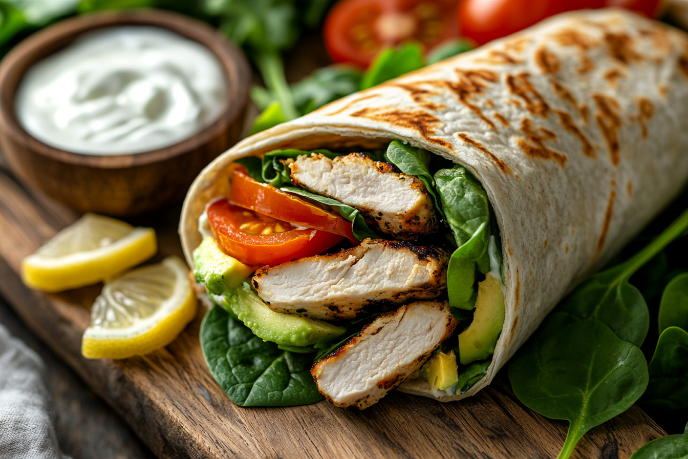 Close-up of a healthy grilled chicken wrap with avocado, spinach, and tomatoes on a wooden board