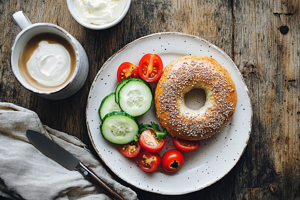 Whole wheat bagel with cream cheese topped with fresh cucumbers and tomatoes, served on a rustic breakfast table