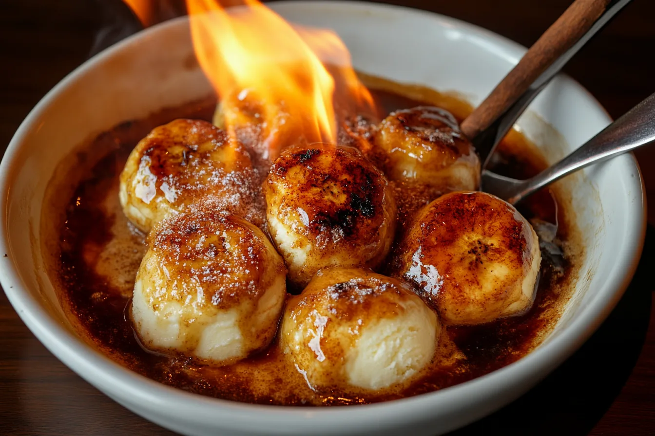 Close-up of Bananas Foster dessert, featuring caramelized bananas in a rich brown sugar sauce flambéed with rum, served over vanilla ice cream.