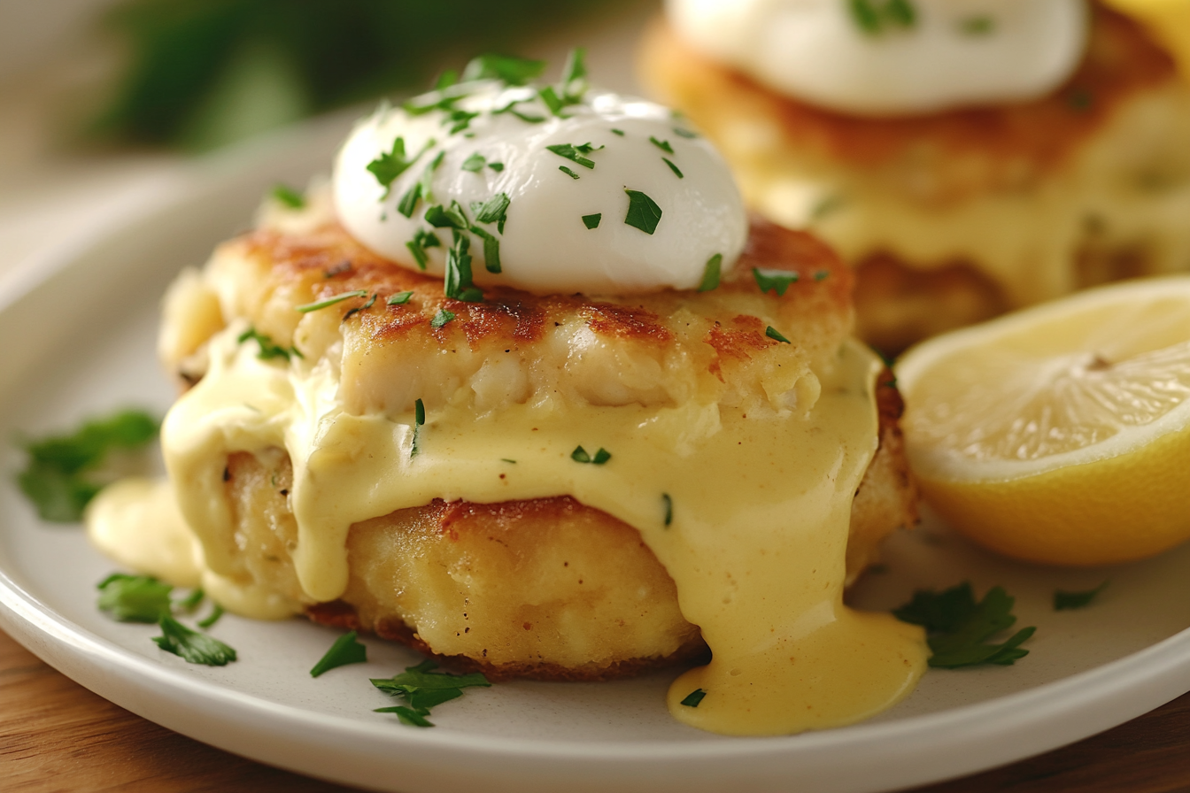 Close-up of Crab Cake Eggs Benedict with crispy crab cakes, poached eggs, and hollandaise sauce on toasted English muffins, garnished with fresh herbs and lemon.